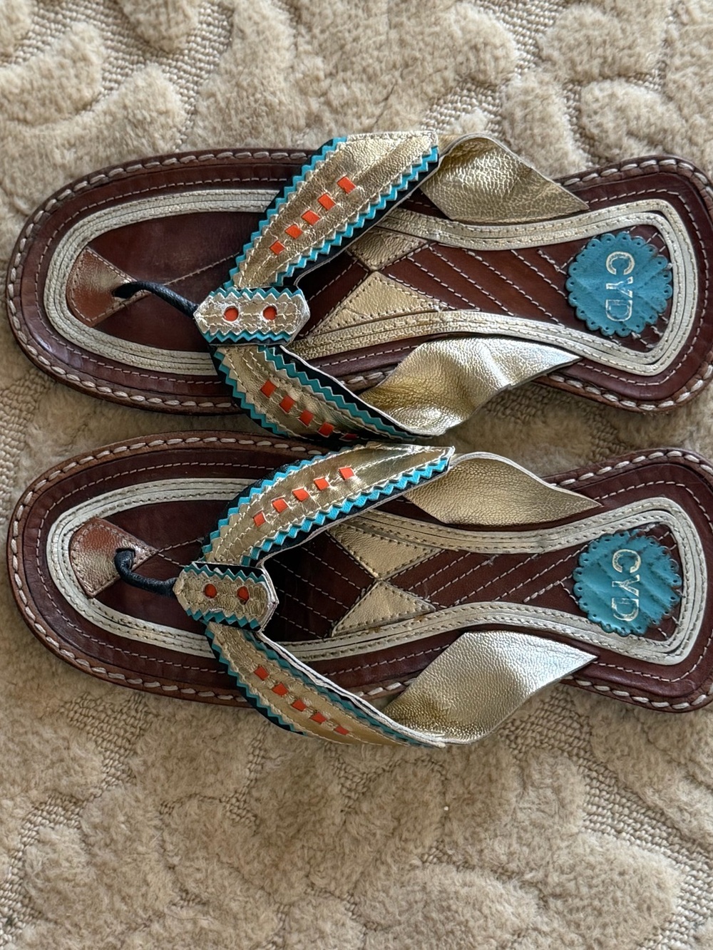 Metallic Gold, Turquoise, and orange Leather Thong Sandal handmade!